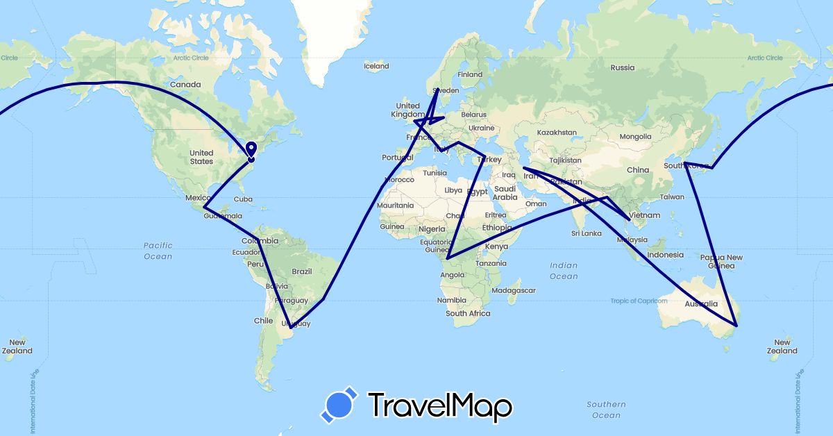 TravelMap itinerary: driving in Argentina, Australia, Bangladesh, Belgium, Brazil, Democratic Republic of the Congo, Colombia, Germany, Spain, France, United Kingdom, India, Iran, Italy, Japan, South Korea, Mexico, Netherlands, Norway, Serbia, Thailand, Turkey, United States (Africa, Asia, Europe, North America, Oceania, South America)